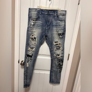 Smoke Rise Denim Distressed Paint Splatter Rip & Repair 36/32